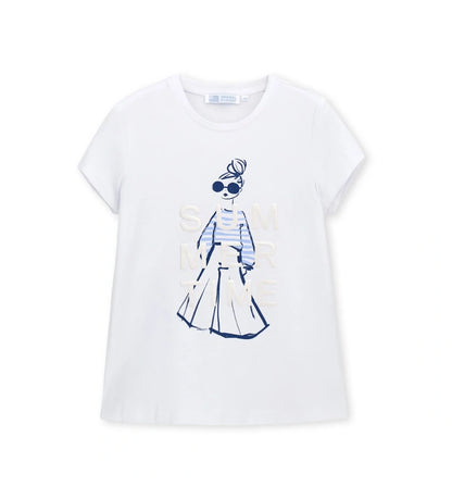 Παιδικό λευκό T-shirt για κορίτσι 5-14 ετών με τύπωμα κούκλα και glitter Original Marines.