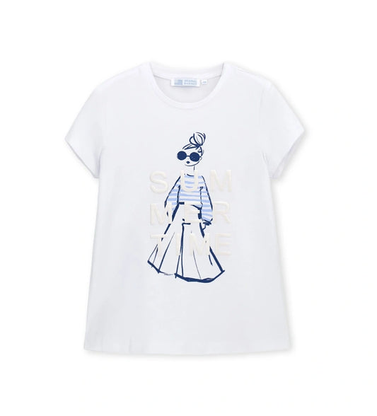 Παιδικό λευκό T-shirt για κορίτσι 5-14 ετών με τύπωμα κούκλα και glitter Original Marines.
