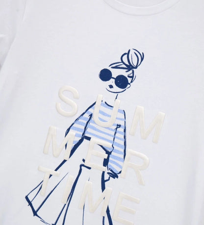 Παιδικό λευκό T-shirt για κορίτσι 5-14 ετών με τύπωμα κούκλα και glitter Original Marines.