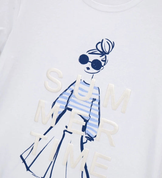 Παιδικό λευκό T-shirt για κορίτσι 5-14 ετών με τύπωμα κούκλα και glitter Original Marines.