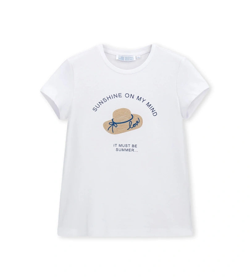 Παιδικό λευκό T-shirt για κορίτσι 5-14 ετών με λαμπερό τύπωμα καπέλο Original Marines.