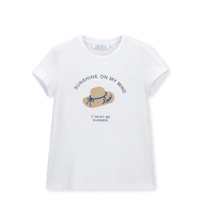 Παιδικό λευκό T-shirt για κορίτσι 5-14 ετών με λαμπερό τύπωμα καπέλο Original Marines.