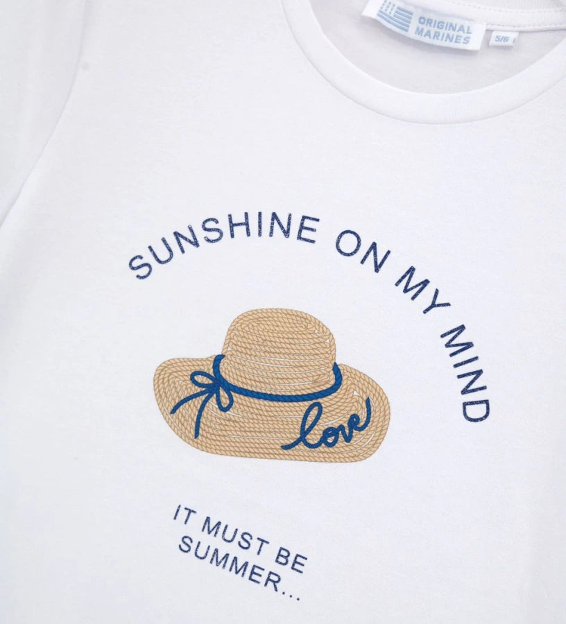 Παιδικό λευκό T-shirt για κορίτσι 5-14 ετών με λαμπερό τύπωμα καπέλο Original Marines.