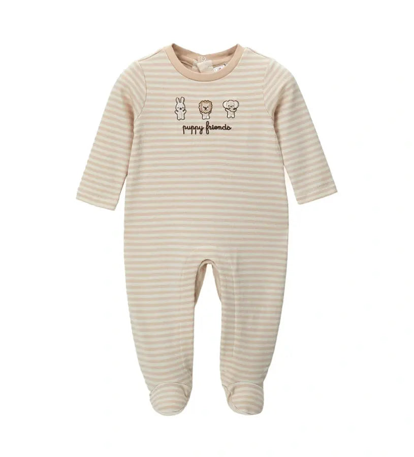 Βρεφική ολόσωμη φόρμα για αγόρι Original Marines, ριγέ με κεντημένα ζωάκια στο στήθος.