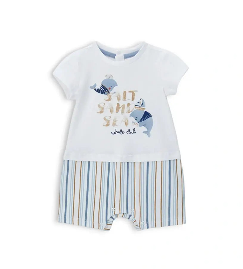 Βρεφικό κοντό φορμάκι για αγόρι Original Marines με τύπωμα φάλαινες και ριγέ κάτω μέρος.