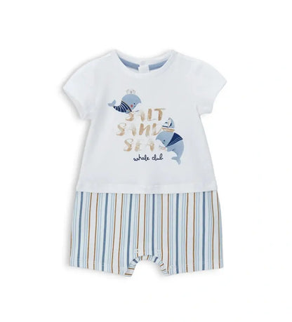 Βρεφικό κοντό φορμάκι για αγόρι Original Marines με τύπωμα φάλαινες και ριγέ κάτω μέρος.