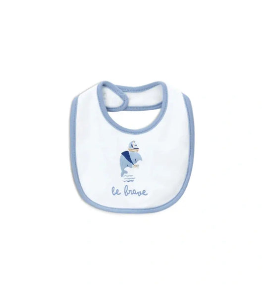 Βρεφική λευκή σαλιάρα για αγόρι Original Marines με τύπωμα γαλάζια φάλαινα.