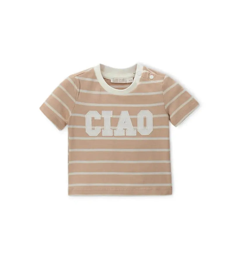 Βρεφική κοντομάνικη μπλούζα Original Marines με λευκές ρίγες και κεντημένο σχέδιο.