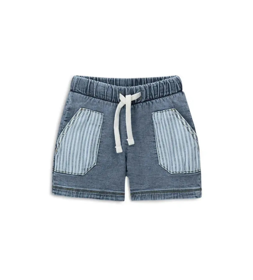 Βρεφική μπλε βερμούδα Original Marines για αγόρι με όψη τζιν και ριγέ τσέπες.