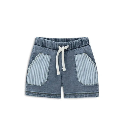 Βρεφική μπλε βερμούδα Original Marines για αγόρι με όψη τζιν και ριγέ τσέπες.