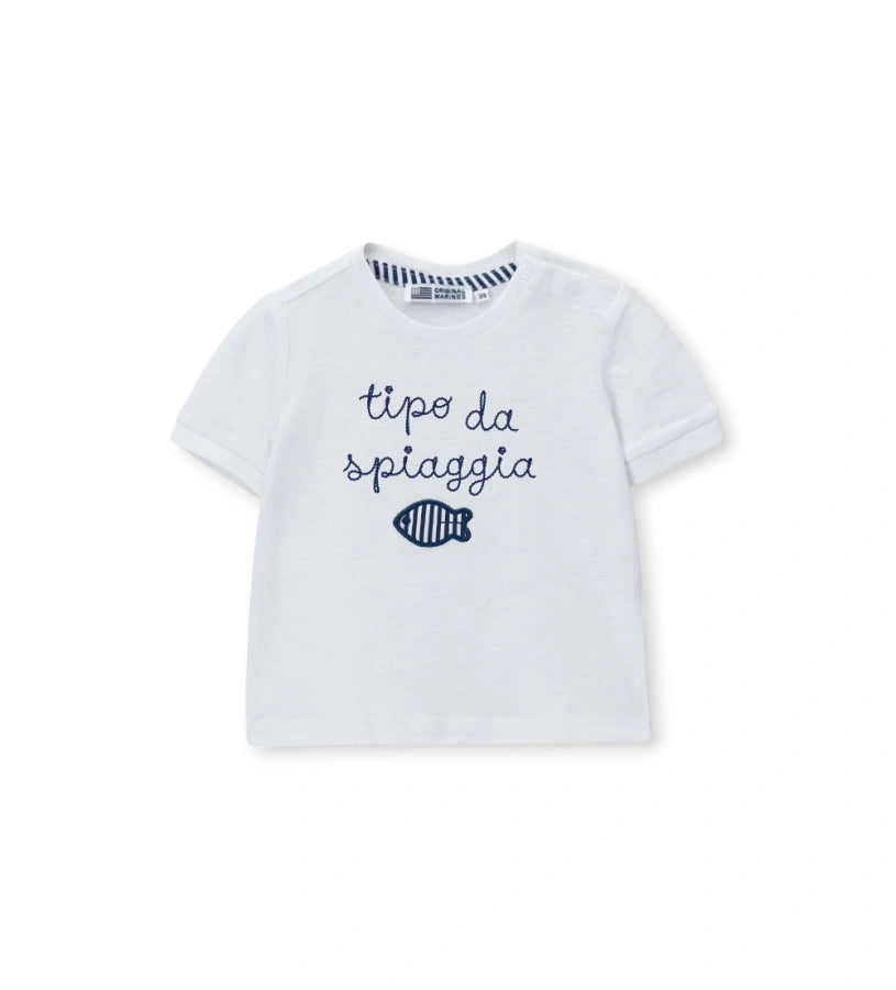 Βρεφικό λευκό βαμβακερό T-shirt για αγόρι 3-18 μηνών με κέντημα φάρο Original Marines.