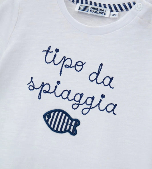 Βρεφικό λευκό βαμβακερό T-shirt για αγόρι 3-18 μηνών με κέντημα φάρο Original Marines.