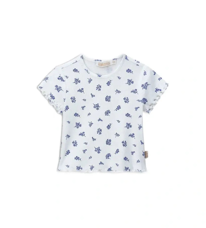 Βρεφική κοντομάνικη ριμπ μπλούζα Original Marines με ολόσωμο τύπωμα από μικρά λουλούδια.