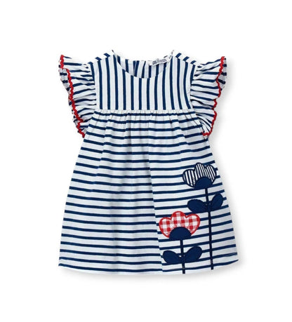 Βρεφικό ριγέ φόρεμα για κορίτσι 3-18 μηνών με γαλάζιες ρίγες και βολάν Original Marines.