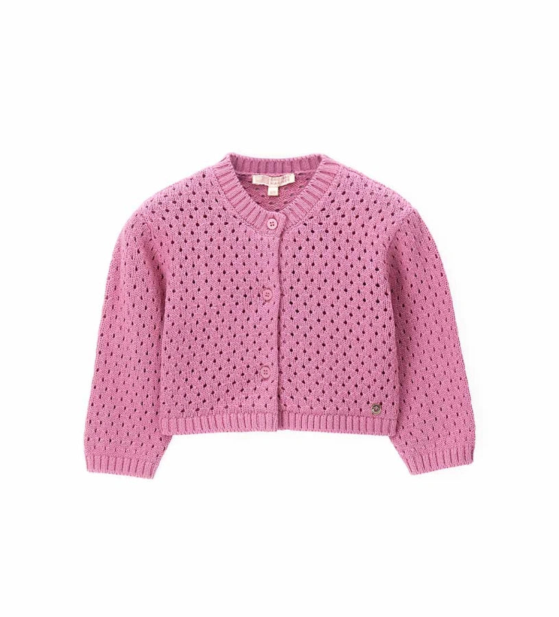 Κοριτσίστικη πλεκτή ζακέτα Original Marines σε ροζ χρώμα με διάτρητη πλέξη και κουμπάκια.