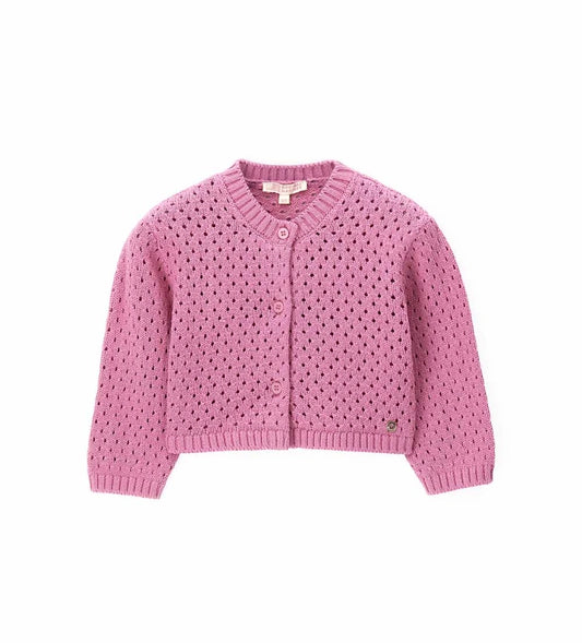 Κοριτσίστικη πλεκτή ζακέτα Original Marines σε ροζ χρώμα με διάτρητη πλέξη και κουμπάκια.