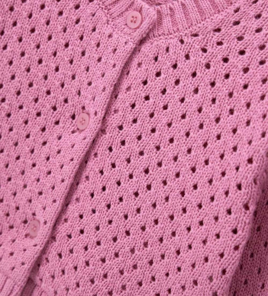 Κοντινό πλάνο στη διάτρητη (pointelle) πλέξη και το βαμβακερό ύφασμα της παιδικής ζακέτας.