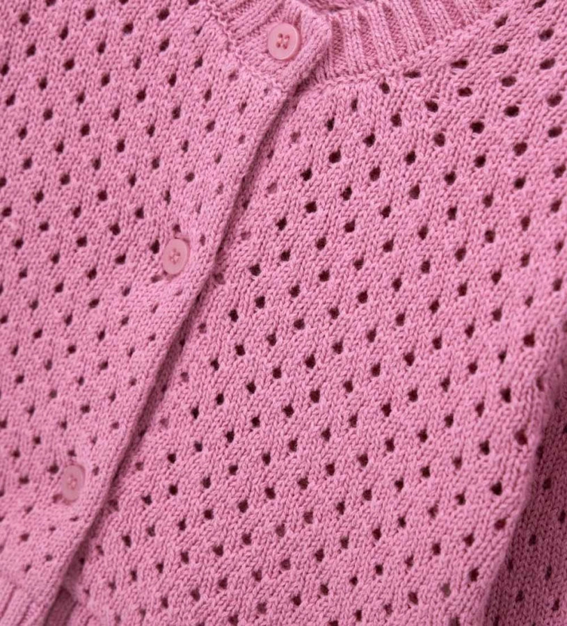 Κοντινό πλάνο στη διάτρητη (pointelle) πλέξη και το βαμβακερό ύφασμα της παιδικής ζακέτας.