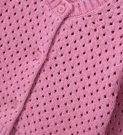 Κοντινό πλάνο στη διάτρητη (pointelle) πλέξη και το βαμβακερό ύφασμα της παιδικής ζακέτας.