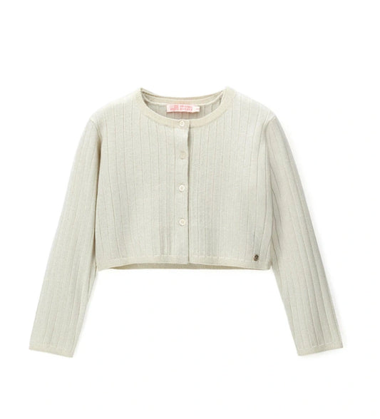 Παιδικό πλεκτό twinset για κορίτσι σε λευκό χρώμα με ζακέτα και μεταλλική κλωστή.