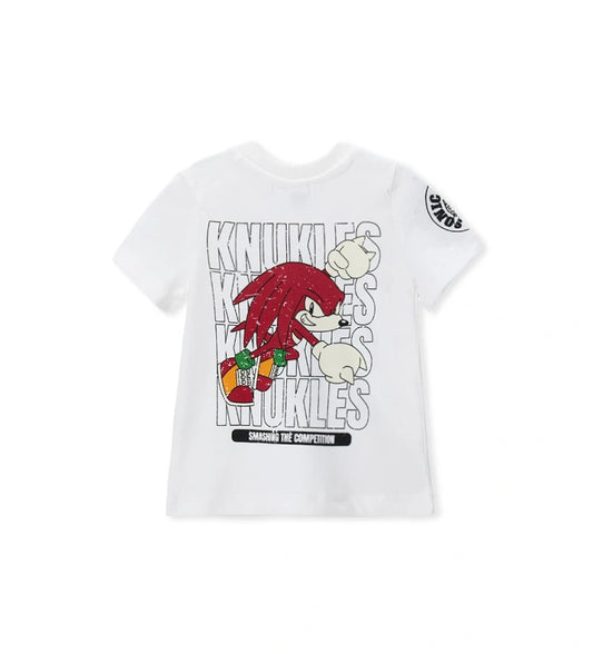 Μπροστινή όψη του παιδικού T-shirt Sonic σε cream χρώμα με λογότυπα και κουμπιά στον ώμο για ηλικίες 6 μηνών-5 ετών.