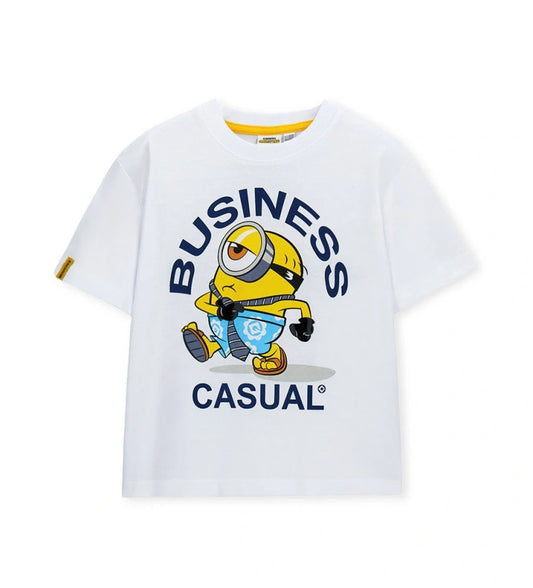 Μπροστινή όψη του αγορίστικου βαμβακερού t-shirt Minions σε λευκό χρώμα από την Original Marines, κατάλληλο για ηλικίες 5 έως 14 ετών.