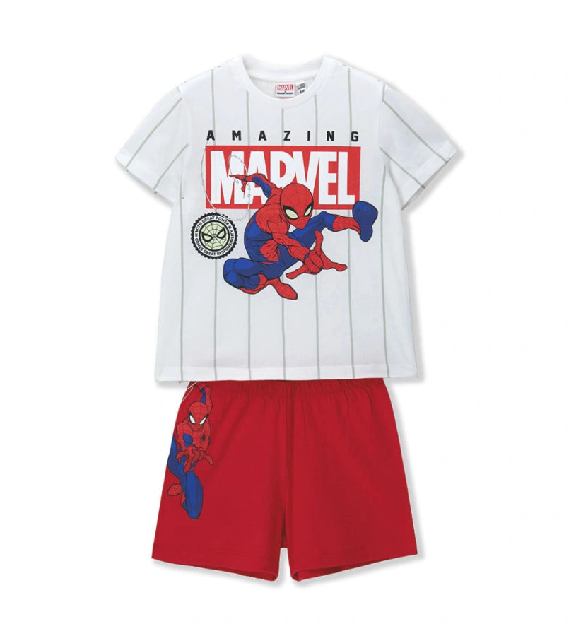 Αγορίστικο σετ πυτζάμας Spider-Man με λευκό ριγέ T-shirt και κόκκινο σορτς Original Marines.