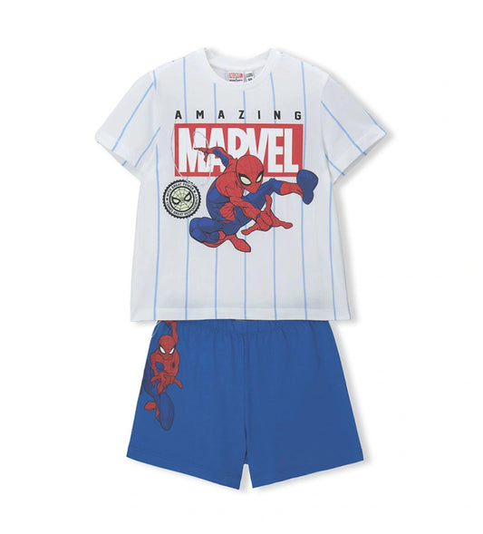 Αγορίστικο σετ πυτζάμας Spider-Man με λευκό ριγέ T-shirt και μπλε σορτς Original Marines.
