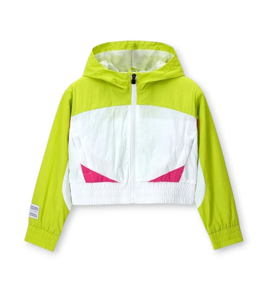 Αντιανεμικό μπουφάν Kappa για κορίτσι με κουκούλα και χρωματικές αντιθέσεις σε λαχανί και λευκό.