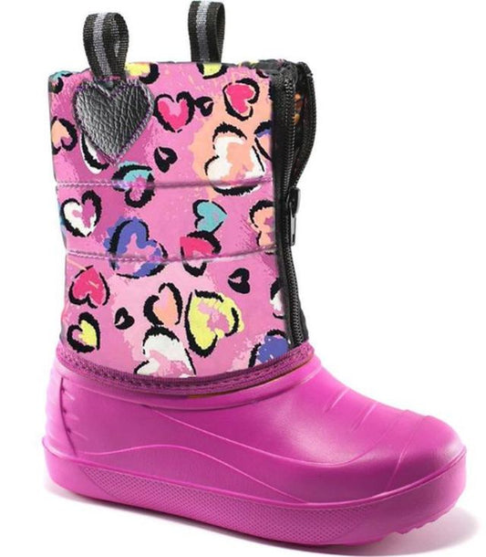 Κοριτσίστικες χειμερινές αδιάβροχες μπότες με φούξια βάση και πολύχρωμο σχέδιο καρδιών. Ζεστές, αντιολισθητικές και ιδανικές για σχολείο, βόλτες και παιχνίδι στο κρύο. Διαθέσιμες στο Click Clothes!