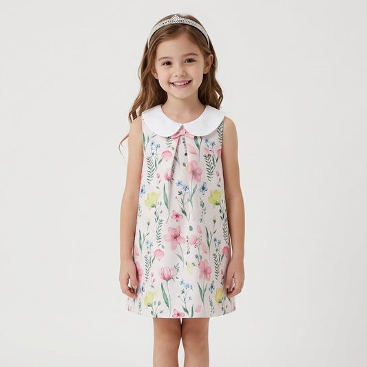 Παιδικό φόρεμα για κορίτσι από 100% βαμβάκι nido d'ape με φλοράλ σχέδιο και σατέν φιόγκο.