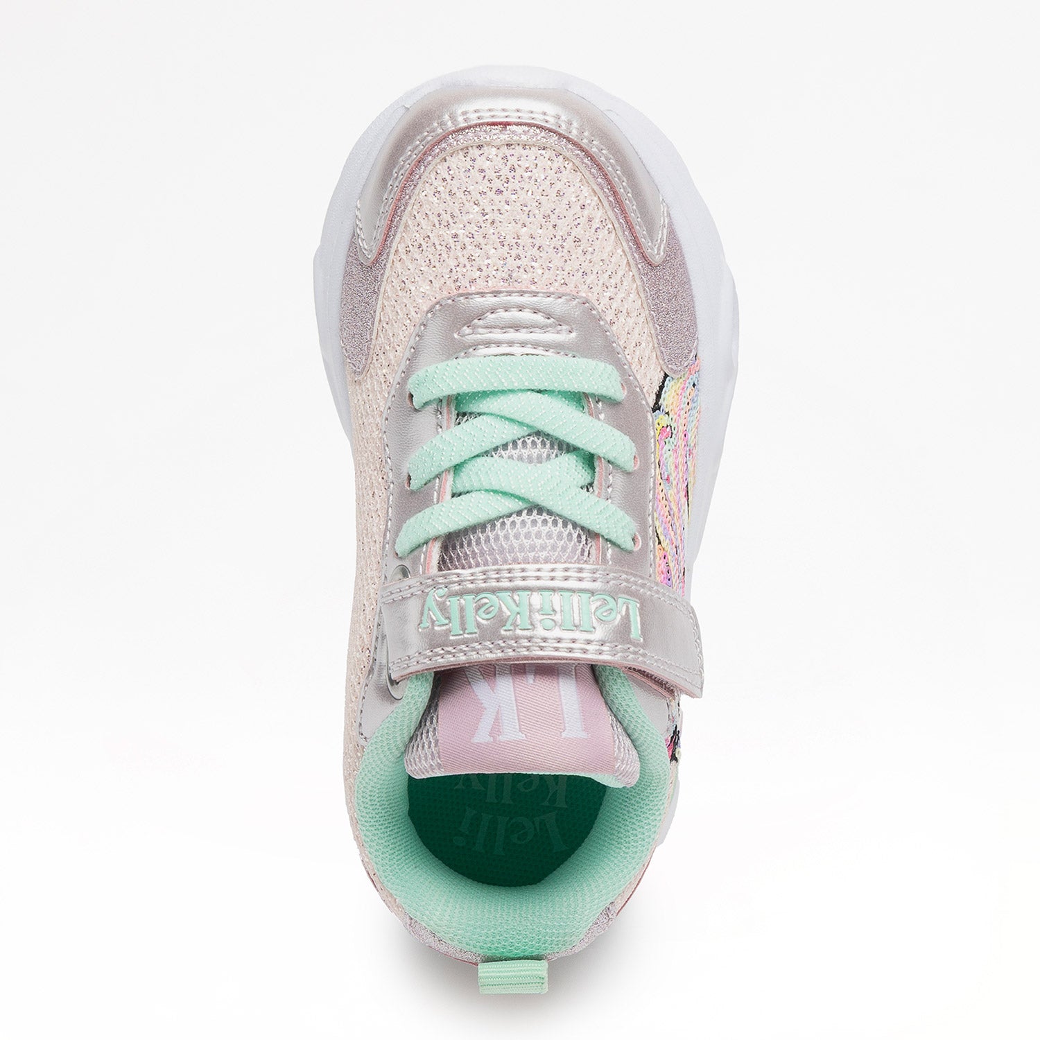 Κάτοψη του Lelli Kelly sneaker που δείχνει τον ανατομικό πάτο και τα glitter κορδόνια.
