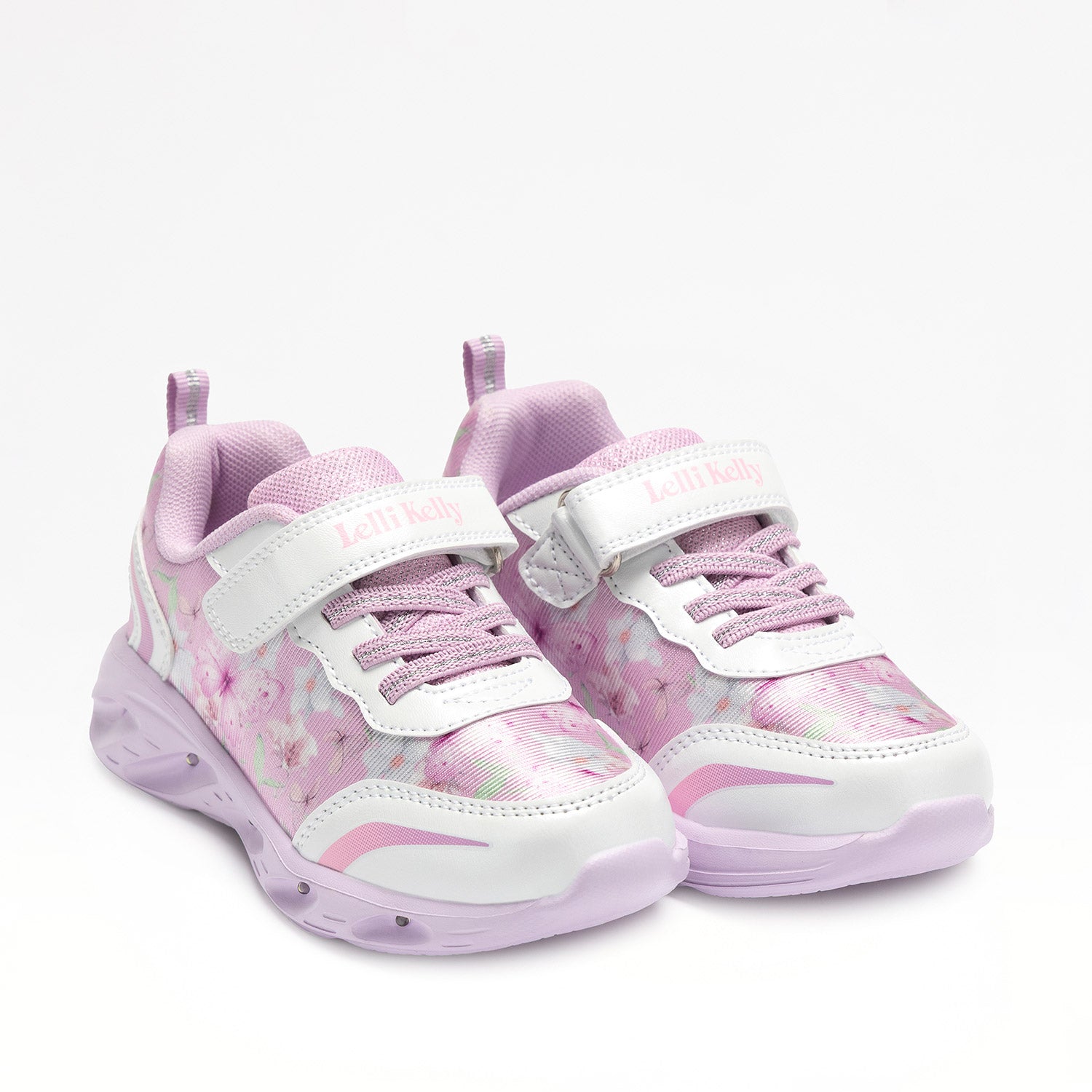 Ζευγάρι Lelli Kelly sneaker για κορίτσι με ροζ floral σχέδια και λευκές λεπτομέρειες.
