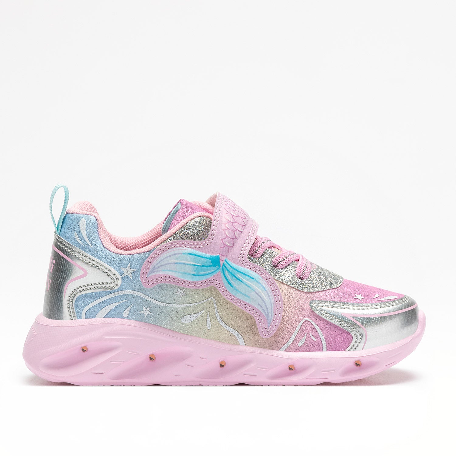Πλάγια όψη του Lelli Kelly sneaker για κορίτσι με φωτάκια και ροζ floral σχέδια με λευκές λεπτομέρειες.