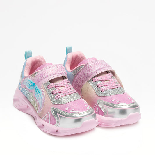 Ζευγάρι Lelli Kelly sneaker για κορίτσι με φωτάκια και ροζ floral σχέδια με λευκές λεπτομέρειες.