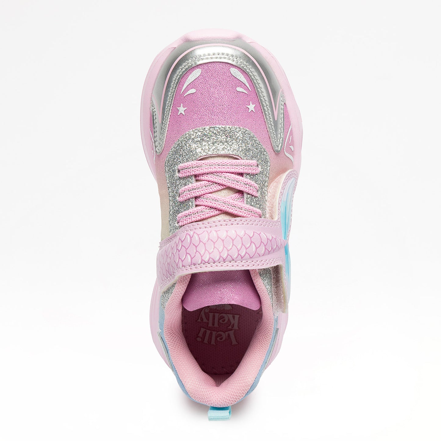 Κάτοψη του Lelli Kelly sneaker που δείχνει τον ανατομικό πάτο και τα glitter κορδόνια.