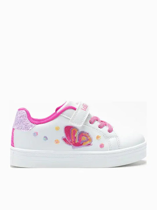 Sneaker της Ιταλικής εταιρείας Lelli Kelly. Πολύ ελαφριά, σε λευκό χρώμα διακοσμημένα με μια πεταλούδα από παγιέτες. Εξωτερικά είναι κατασκευασμένα από οικολογικό δέρμα, εσωτερικά διαθέτουν υφασμάτινη επένδυση. Με&nbsp;ανατομικό πάτο&nbsp;για άνετο και μαλακό πάτημα. Η σόλα τους είναι κατασκευασμένη από καουτσούκ, είναι αντιολισθητική και πολύ εύκαμπτη. Μπορούν να φορεθούν πολύ εύκολα καθώς διαθέτουν ελαστικά κορδόνια και εφαρμόζουν με αυτοκόλλητο/velcr. Τα αστραφτερά στοιχεία και η κομ